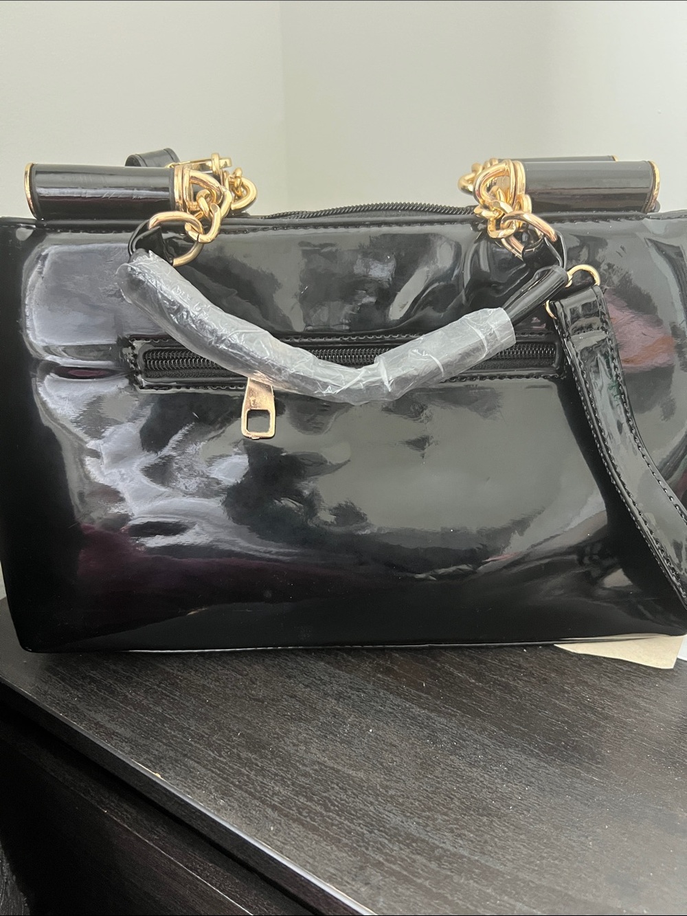 Black Sequin Patent Leather Top-Handle Bag - Picture 4 of 5
